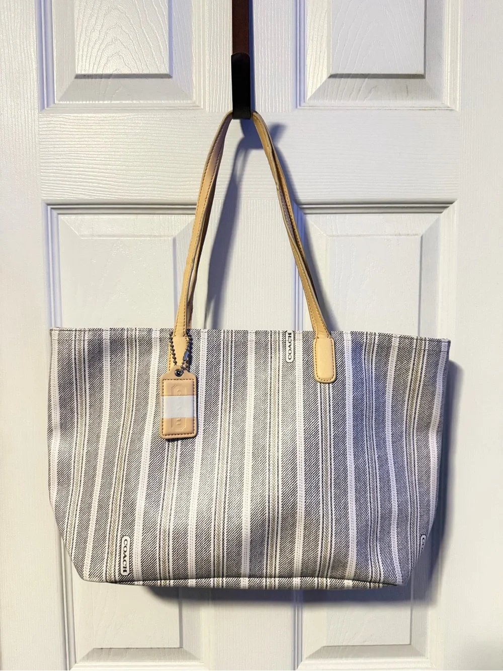 COACH Legacy Weekend Ticking Stripe Zip Tote Bag Grey/Cream 23108